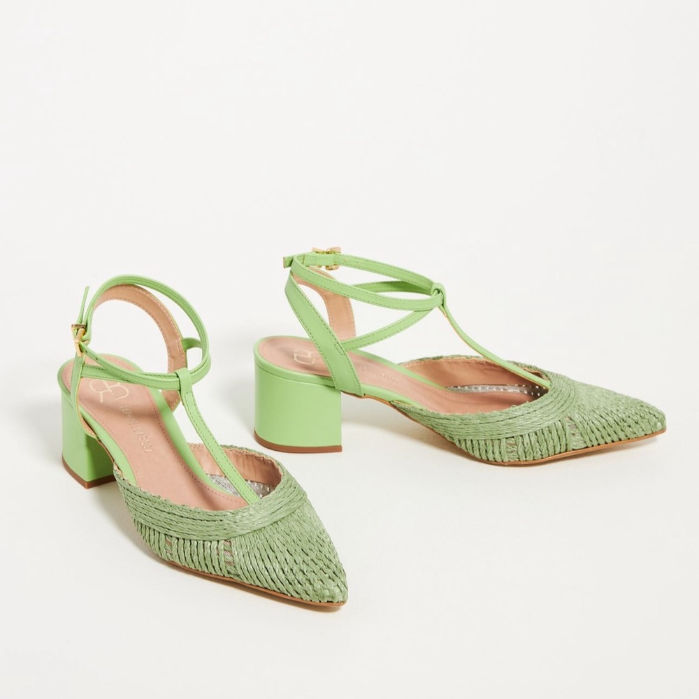 Anthropologie Mint Green Woven Pointed-Toe Block Heel Sandals